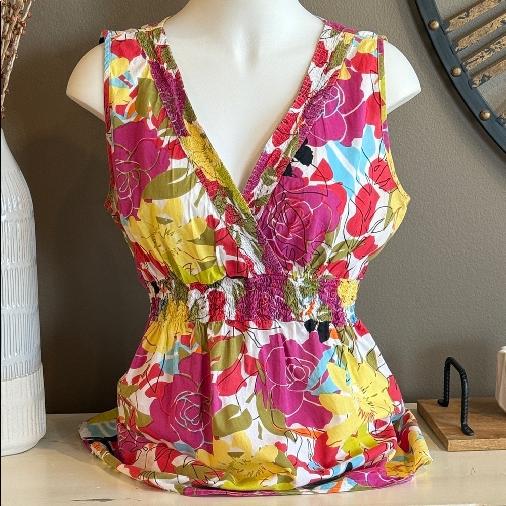 JEANSTAR Boho Peasant Sleeveless Smocked Stretch Waist Floral Top Size Large